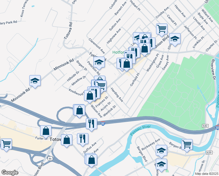 map of restaurants, bars, coffee shops, grocery stores, and more near 510 Union Boulevard in Totowa