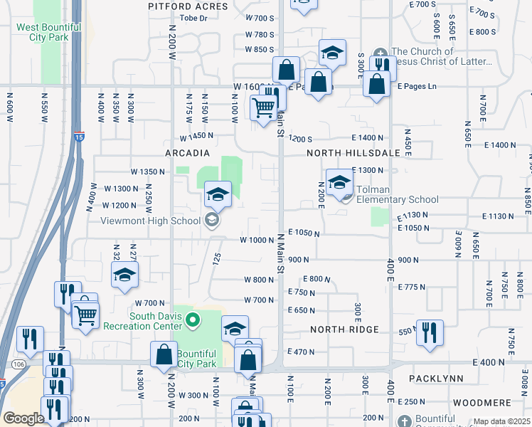 map of restaurants, bars, coffee shops, grocery stores, and more near 32 West 1000 North in Bountiful
