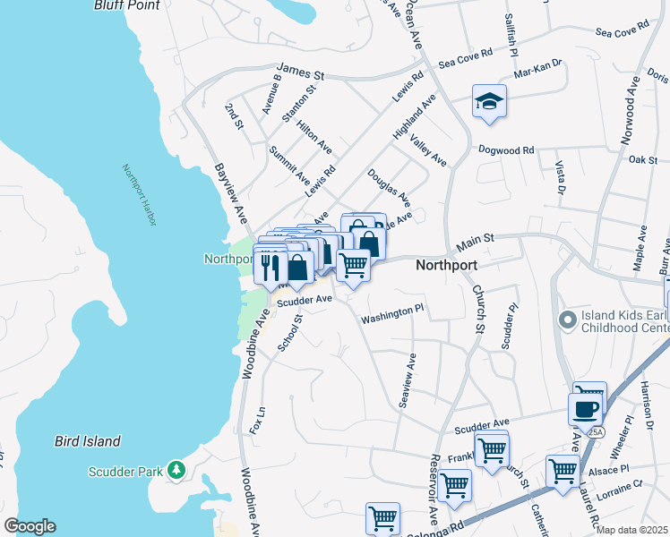 map of restaurants, bars, coffee shops, grocery stores, and more near 172 Main Street in Northport