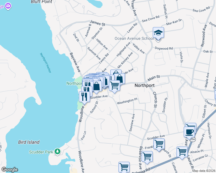 map of restaurants, bars, coffee shops, grocery stores, and more near 172 Main Street in Northport