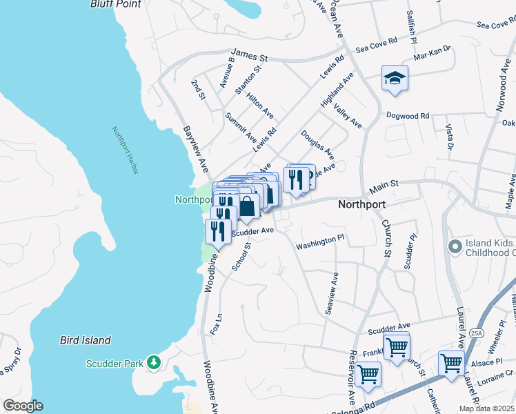 map of restaurants, bars, coffee shops, grocery stores, and more near 105 Main Street in Northport