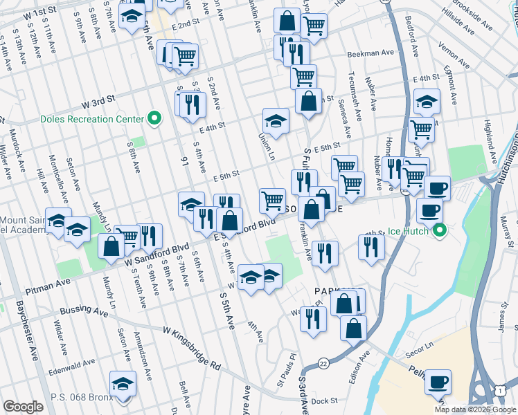 map of restaurants, bars, coffee shops, grocery stores, and more near 464 South 1st Avenue in Mount Vernon
