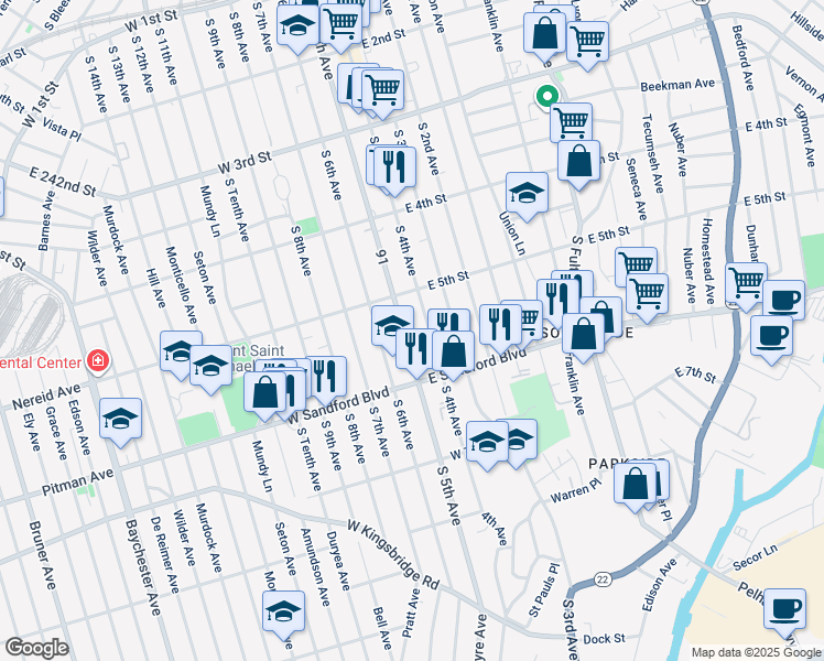map of restaurants, bars, coffee shops, grocery stores, and more near 444 South 4th Avenue in Mount Vernon