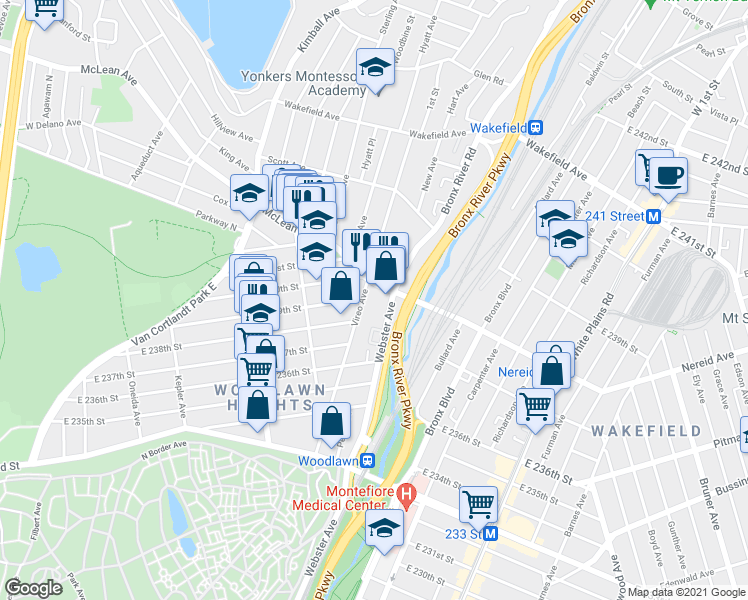 map of restaurants, bars, coffee shops, grocery stores, and more near 4354 Vireo Avenue in Bronx