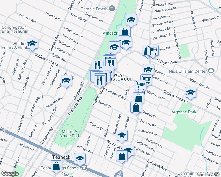 map of restaurants, bars, coffee shops, grocery stores, and more near 125 West Englewood Avenue in Teaneck
