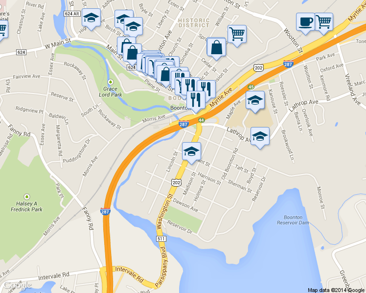 map of restaurants, bars, coffee shops, grocery stores, and more near 86 Grant Street in Boonton