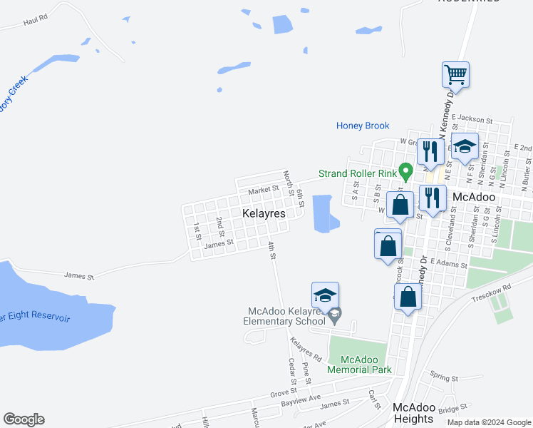 map of restaurants, bars, coffee shops, grocery stores, and more near 43 Center Street in McAdoo
