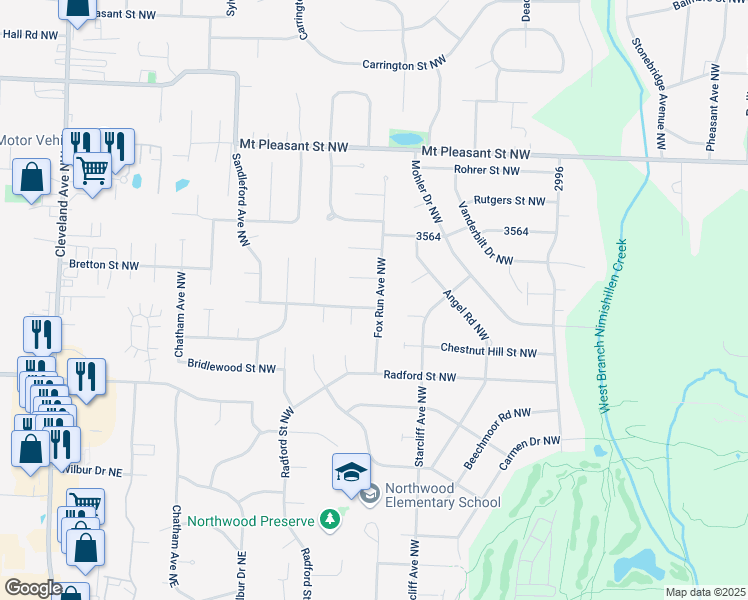 map of restaurants, bars, coffee shops, grocery stores, and more near 7768 Waterbury Street Northwest in North Canton