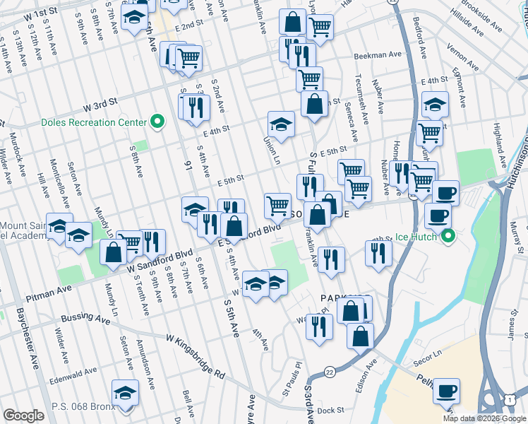map of restaurants, bars, coffee shops, grocery stores, and more near 464 South 1st Avenue in Mount Vernon