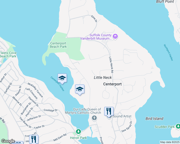 map of restaurants, bars, coffee shops, grocery stores, and more near 5 Harbor Court in Centerport