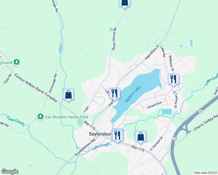 map of restaurants, bars, coffee shops, grocery stores, and more near 222 Lily Street in Saylorsburg
