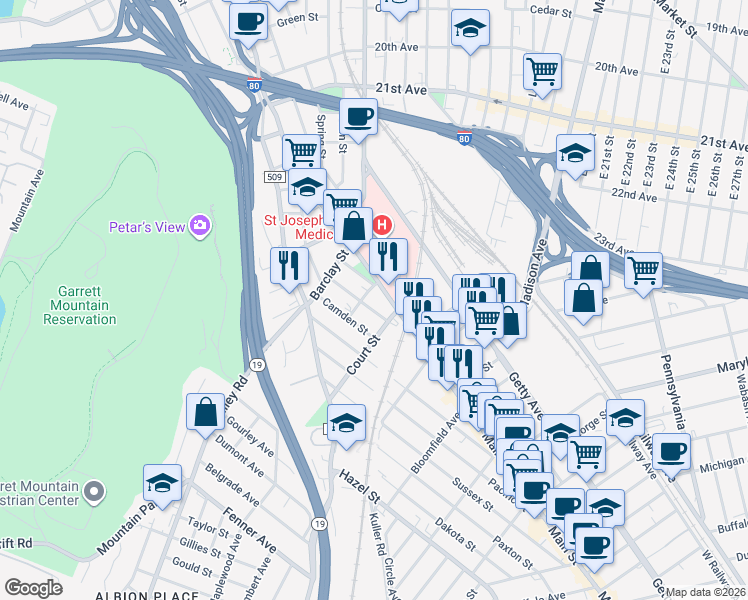 map of restaurants, bars, coffee shops, grocery stores, and more near 53 Courtland Street in Paterson