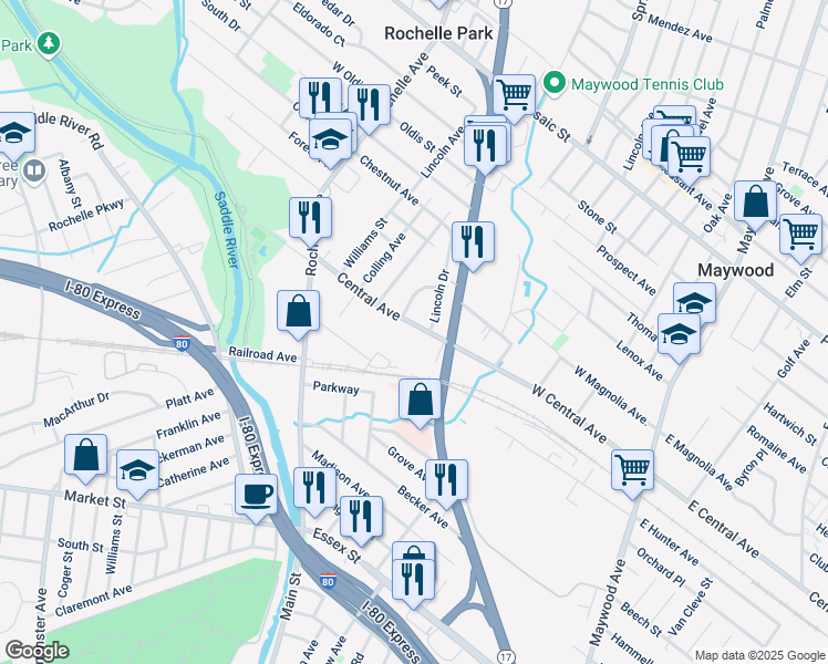 map of restaurants, bars, coffee shops, grocery stores, and more near 111 Central Avenue in Rochelle Park