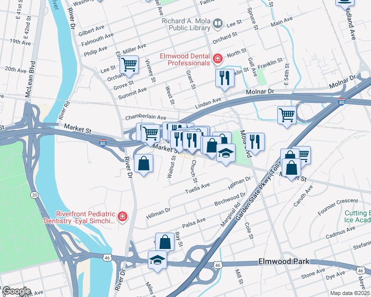 map of restaurants, bars, coffee shops, grocery stores, and more near in Elmwood Park