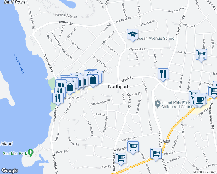 map of restaurants, bars, coffee shops, grocery stores, and more near 296 Main Street in Northport