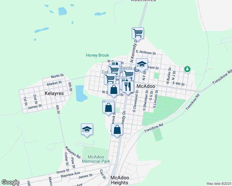 map of restaurants, bars, coffee shops, grocery stores, and more near 18 North Hancock Street in McAdoo