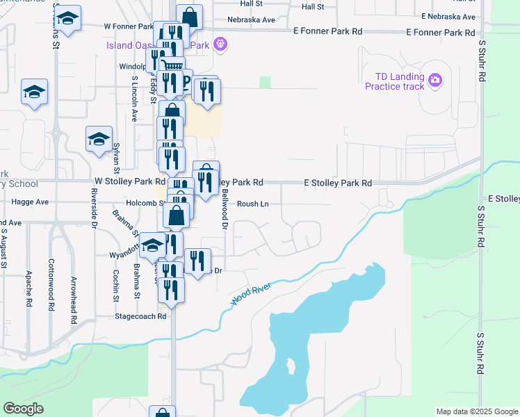 map of restaurants, bars, coffee shops, grocery stores, and more near Cherrywood Ln in Grand Island