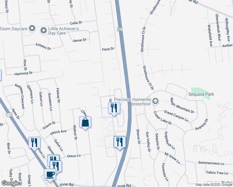 map of restaurants, bars, coffee shops, grocery stores, and more near 193 Pointe Circle North in Coram