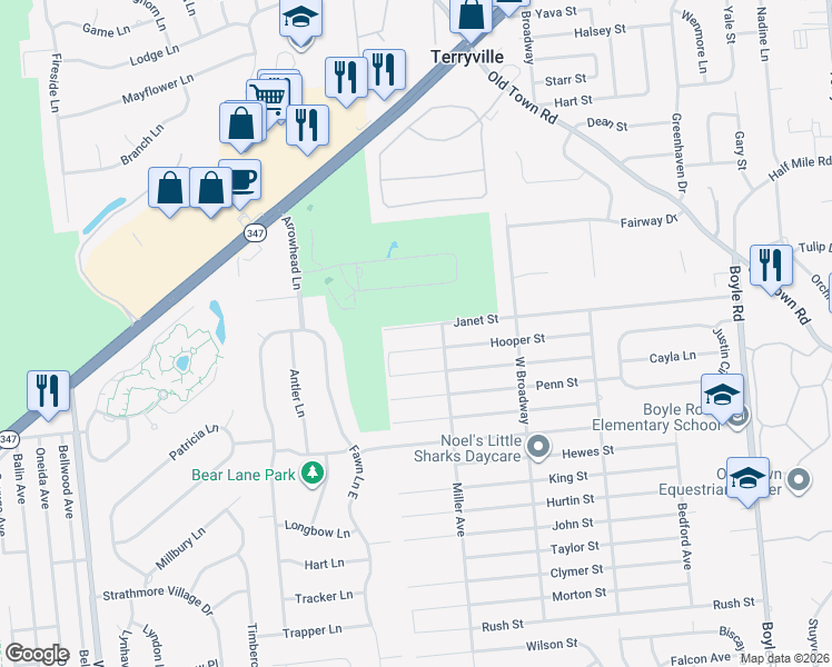 map of restaurants, bars, coffee shops, grocery stores, and more near 66 Hooper Street in Port Jefferson Station