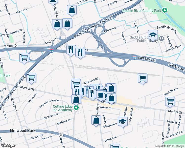 map of restaurants, bars, coffee shops, grocery stores, and more near 400 Lyster Avenue in Saddle Brook