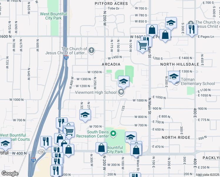map of restaurants, bars, coffee shops, grocery stores, and more near 1130 North 200 West in Bountiful