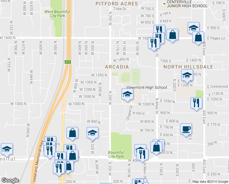 map of restaurants, bars, coffee shops, grocery stores, and more near 1130 North 200 West in Bountiful
