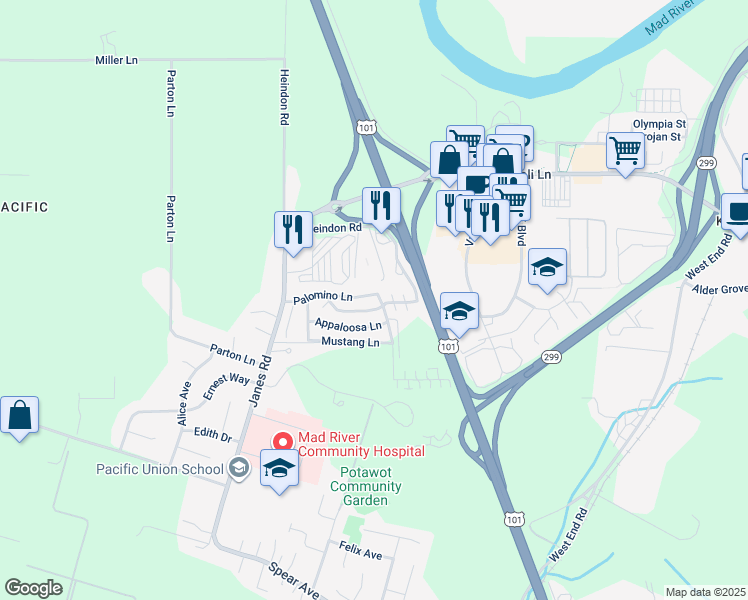map of restaurants, bars, coffee shops, grocery stores, and more near 2097 Shetland Lane in Arcata