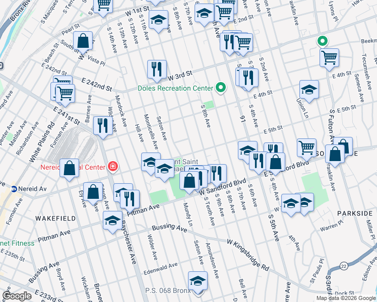 map of restaurants, bars, coffee shops, grocery stores, and more near 404 South Tenth Avenue in Mount Vernon