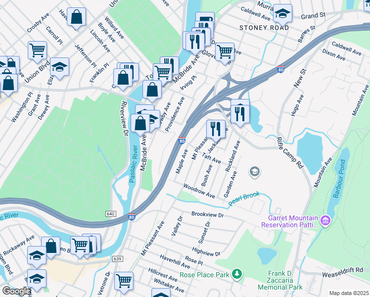 map of restaurants, bars, coffee shops, grocery stores, and more near 95 Maple Avenue in Woodland Park