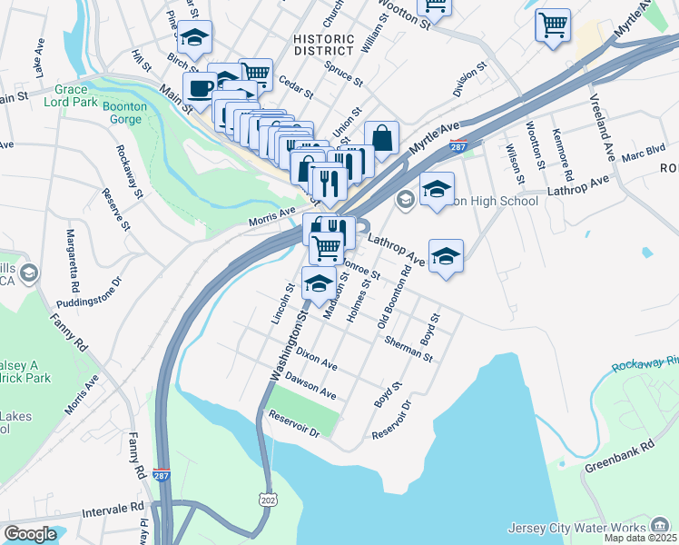 map of restaurants, bars, coffee shops, grocery stores, and more near 224 Washington Street in Boonton