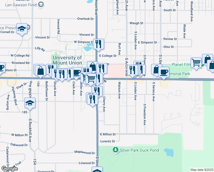 map of restaurants, bars, coffee shops, grocery stores, and more near 2121 Cherry Avenue in Alliance