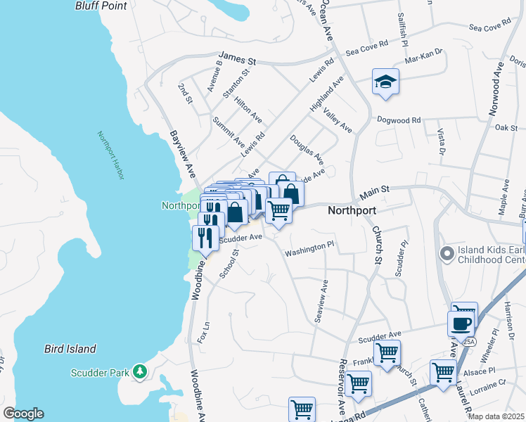map of restaurants, bars, coffee shops, grocery stores, and more near 172 Main Street in Northport