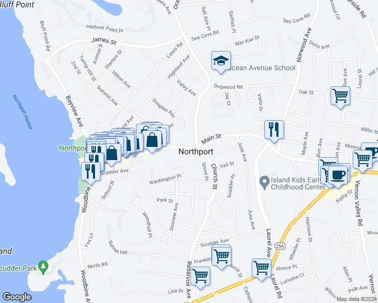 map of restaurants, bars, coffee shops, grocery stores, and more near 316 Main Street in Northport