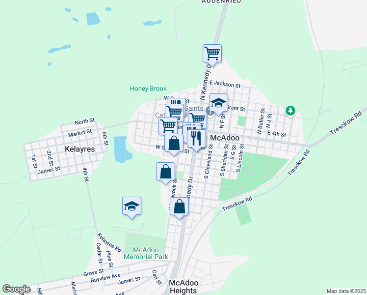 map of restaurants, bars, coffee shops, grocery stores, and more near 37 West Sherman Street in McAdoo