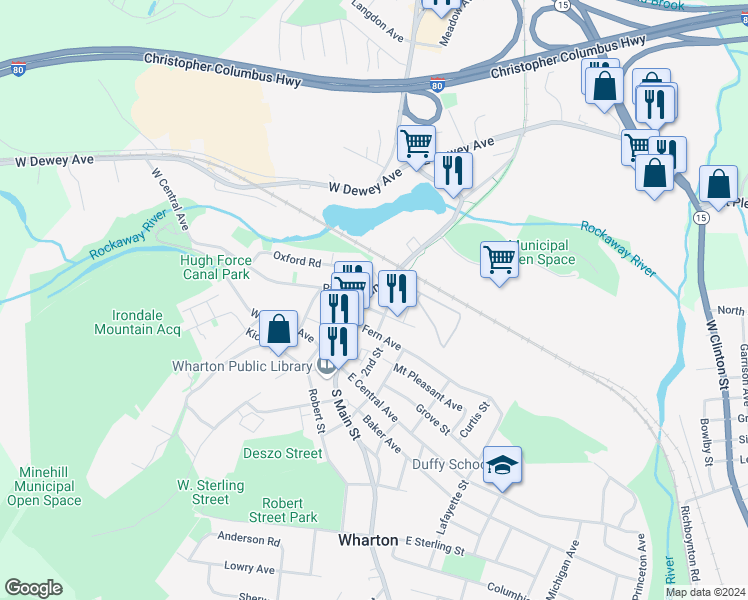 map of restaurants, bars, coffee shops, grocery stores, and more near 19 Kossuth Avenue in Wharton