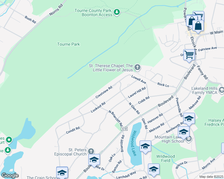 map of restaurants, bars, coffee shops, grocery stores, and more near 34 Crestview Road in Mountain Lakes