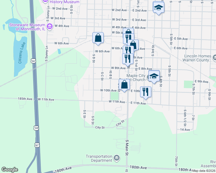 map of restaurants, bars, coffee shops, grocery stores, and more near 208 West 10th Avenue in Monmouth