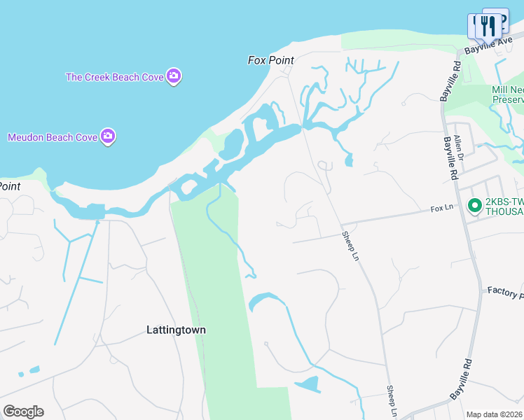 map of restaurants, bars, coffee shops, grocery stores, and more near 10 Lands End Road in Locust Valley
