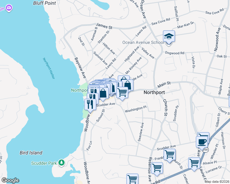 map of restaurants, bars, coffee shops, grocery stores, and more near 175 Main Street in Northport