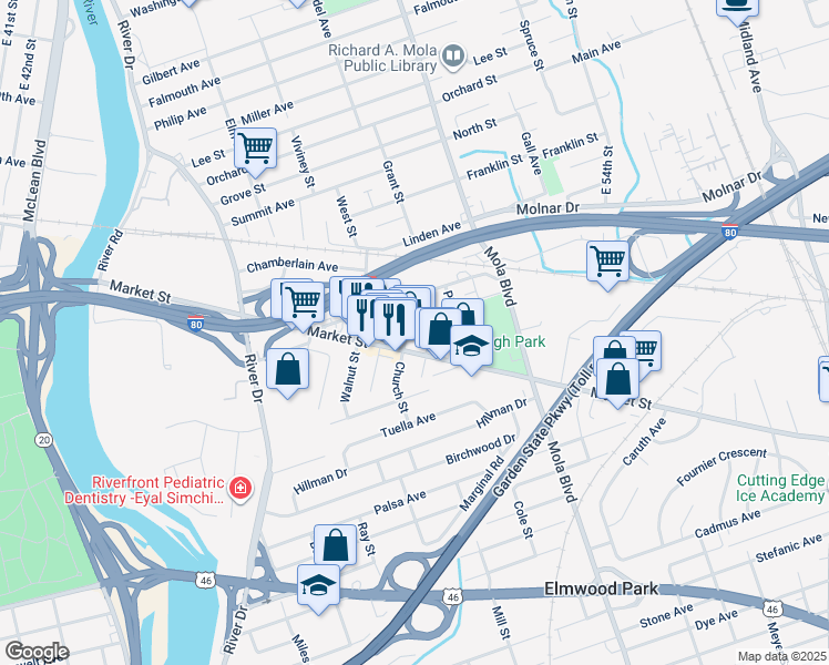 map of restaurants, bars, coffee shops, grocery stores, and more near in Elmwood Park