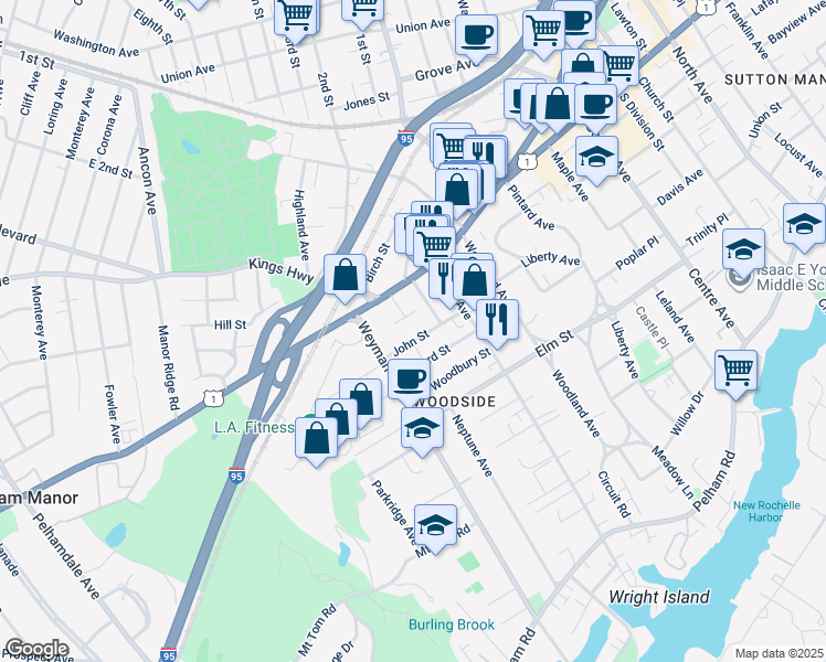 map of restaurants, bars, coffee shops, grocery stores, and more near 16 Weyman Avenue in New Rochelle