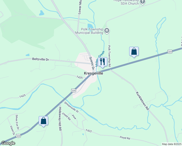 map of restaurants, bars, coffee shops, grocery stores, and more near 514 U.S. 209 in Kresgeville