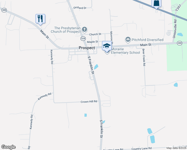 map of restaurants, bars, coffee shops, grocery stores, and more near 164 South Franklin Street in Prospect