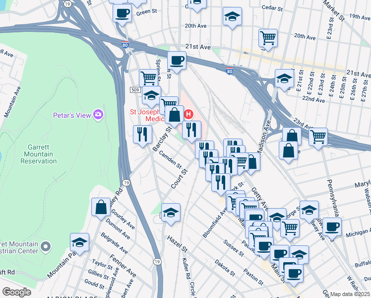 map of restaurants, bars, coffee shops, grocery stores, and more near 53 Courtland Street in Paterson