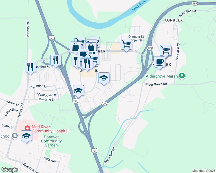 map of restaurants, bars, coffee shops, grocery stores, and more near 1260 Devlin Court in Arcata