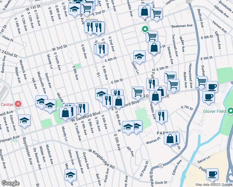 map of restaurants, bars, coffee shops, grocery stores, and more near 444 South 4th Avenue in Mount Vernon