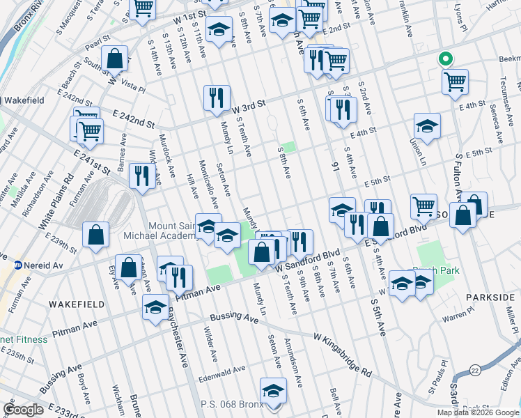 map of restaurants, bars, coffee shops, grocery stores, and more near 404 South Tenth Avenue in Mount Vernon