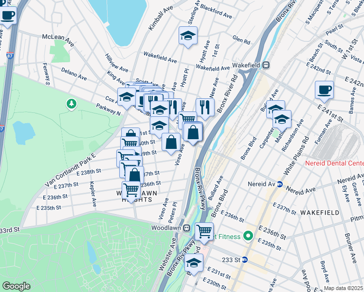 map of restaurants, bars, coffee shops, grocery stores, and more near 4354 Vireo Avenue in Bronx