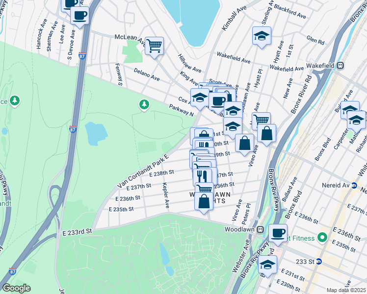 map of restaurants, bars, coffee shops, grocery stores, and more near 257 East 239th Street in Bronx