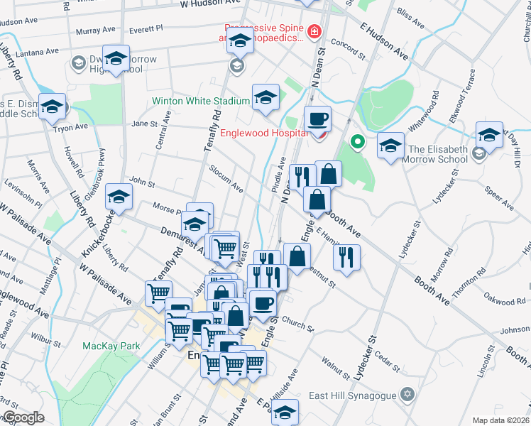 map of restaurants, bars, coffee shops, grocery stores, and more near 181 West Street in Englewood